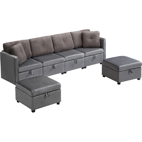 Divano modulare a U 6 posti con contenitore, velluto e corduroy, grigio antico (1/5)