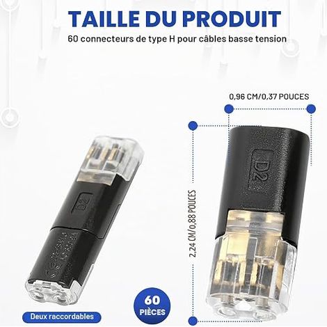 Connecteur Electrique Rapide, Connecteur Etanche 2 Fils Poussoir pour Câble 18 22 AWG, Connecteur Electrique 12V Basse Tension pour Véhicule, LED, Audio, Bloc de Jonction 2 Broches (1/4)