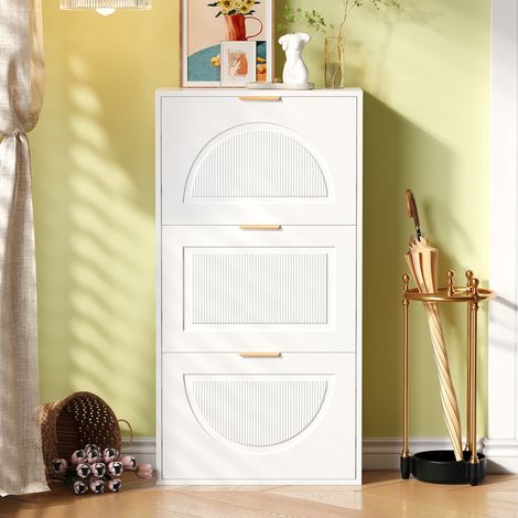 Platzsparender Schuhschrank, 60x24x114 cm, schmaler Schuhkipper für Eingangsbereich und Flur, modernes MDF mit 3 Klappen, Weiß (1/5)
