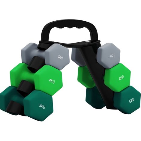 Sechseck-Hantelset 6-teilig mit Halterung, 2 x 3 kg, 2 x 4 kg, 2 x 5 kg, bunt (1/5)