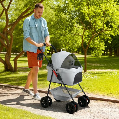 Poussette 3 en 1 pour animaux, grise YaKu, poussette pliable 4 roues avec cage détachable pour chiens et chats