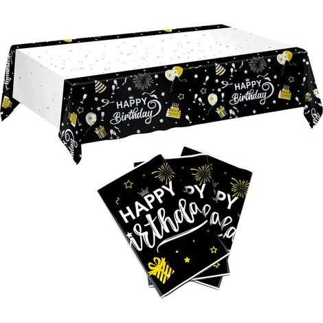 Juego de manteles de cumpleaños, 3 piezas, mantel de cumpleaños para niño, 274 x 137 cm, mantel dorado, mantel de plástico reutilizable, perfecto para cualquier fiesta de cumpleaños de hombre o mujer. (1/5)