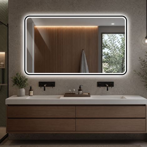 Miroir de salle de bain LED 70×90 cm avec cadre en aluminium noir, éclairage avant et arrière, antibuée, 3 couleurs de lumière, intensité réglable, fonction mémoire, montage horizontal et vertical, ét (1/5)