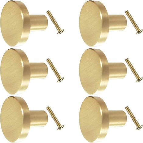 Juego de 6 pomos dorados para armarios, tiradores de latón para cajones, herrajes redondos de latón cepillado para cocina, 2,5 cm de diámetro. (1/5)
