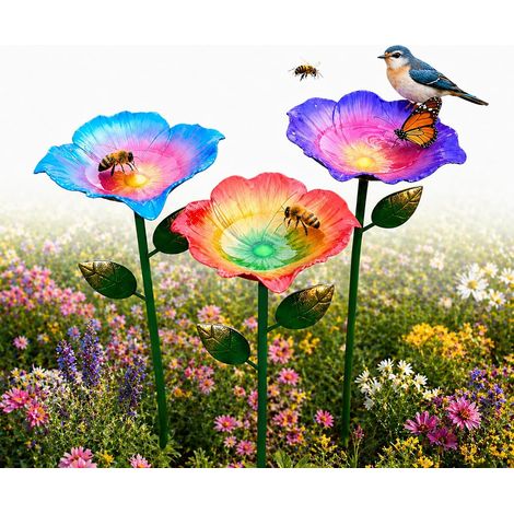 Abreuvoir Abeilles Jardin, 15cm Grand Abreuvoir à Abeilles Métal en Forme de Fleur avec Tuteur, Station d'eau pour Abeilles, Insectes (1/5)
