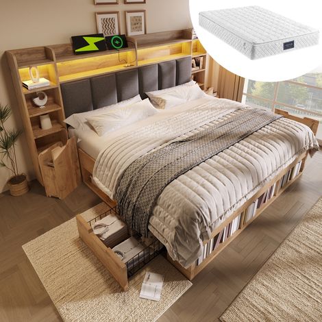 Doppelbett 160x200 cm mit Stauraum und LED-Beleuchtung, Funktionsbett mit Schubladen, Nachttischen und USB-Anschluss, Eichefarben Holzoptik (1/5)