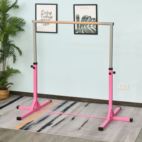 Barre de gymnastique pour enfants, réglable en hauteur sur 13 positions (de 92 à 150 cm), en acier et bois de hêtre, idéale pour la maison, antidérapante et facile à monter (rose). (1/5)