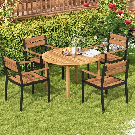 Table ronde en bois d'acacia pour 4 personnes avec surface étanche et structure renforcée pour jardin, terrasse et piscine (1/5)