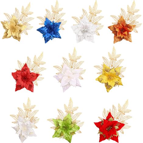 (Eine pro Farbe 10 Farben pro Packung, Verpackung inklusive) 10 Weihnachtsbaumschmuckstücke: künstliche Ahornblattspitzen, künstliche Blumenornamente, Restaurant-Weihnachtsbaumschmuck. (1/3)