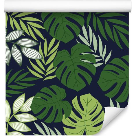 Papier peint à motifs de feuilles tropicales, vert bouteille et bleu marine, 50 x 1000 cm (1/5)