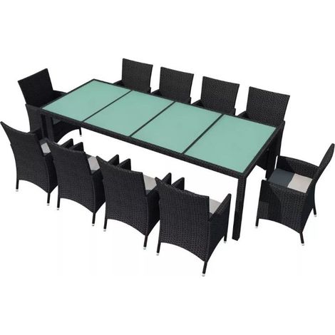 Table rectangulaire et 10 chaises de jardin résine tressée noir Mik (1/5)