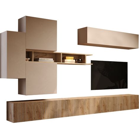 Wohnwand Calascio, Modularer Wohnzimmer Schrank, ein Regal Made in Italy, Komposition Set, Birnbaum Braun