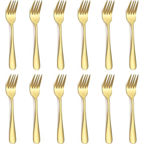 Lot de 12 fourchettes à dessert en acier inoxydable plaqué titane doré pour maison, mariage, fête, café, restaurant, lave-vaisselle (1/5)