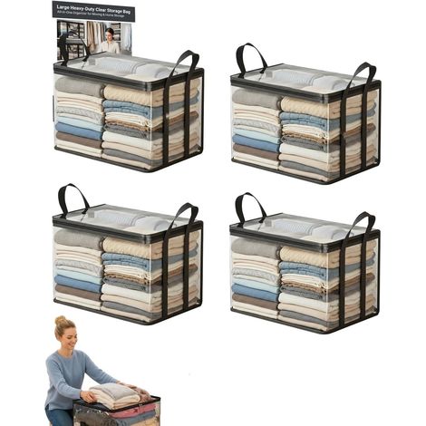 Grand sac de rangement en plastique transparent robuste, organiseur épais et résistant à l'usure avec couvercle à fermeture éclair et poignée, fourre-tout pliable empilable pour l'emballage de (1/5)