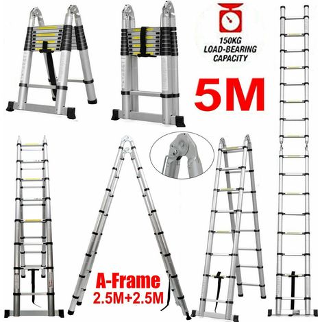 5m Échelle Télescopique Escabeau 2,5m + 2,5m Échelle Pliante en Aluminium Robuste pour Maison, Bureau, Loft, RV, Gain de Place, Capacité de Charge de 150kg, Certifié EN131