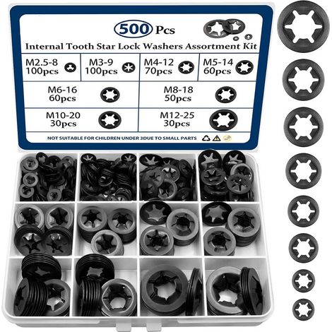 500PCS Dent interne Star verrouillage rondelles, M2.5 M3 M4 M5 M6 M8 M10 M12 assortiment d'écrous de poussée, Kit d'assortiment de rondelles Starlock vitesse rapide, Pousser sur verrouillage rondelle