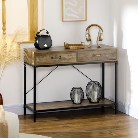 Mesa consola de madera marrón con estructura metálica negra, 100 cm, 2 cajones y estante (1/5)