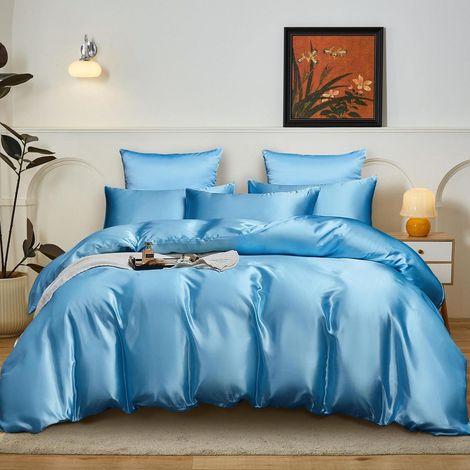 Satin Bettwäsche 200x200 cm Hellblau, 3-teilig, mit Reißverschluss