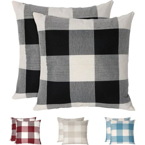 Housses de Coussin à Carreaux , Lot de 2 taie d'oreiller en Lin résistant aux Rides et Respirant, taie d'oreiller à Carreaux, Housses de Coussin décorative pour la Maison,Noir