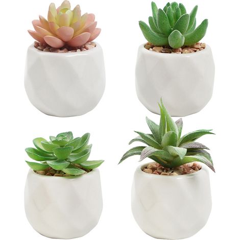 Lot de 4 Pots en céramique, Design géométrique, Plantes succulentes réalistes, Décoration intérieure (1/5)