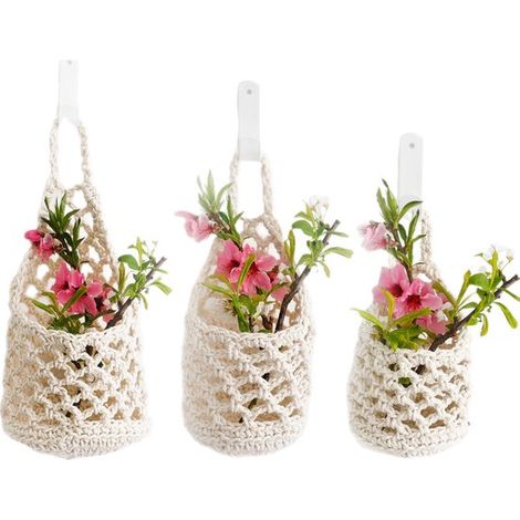 3 teiliger Hänge Obstkorb Geflochten Hänge Obstschale im Boho Stil Pflanzenampel aus Baumwollseil 3 Größen Boho Dekoration Platzsparend für Wohnz (1/5)