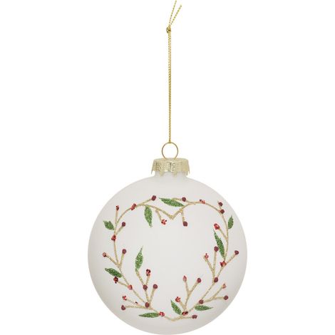 Déco Sapin Boule de Noël en Verre D 10 cm Blanc déco Coeur et feuillage - Feeric Christmas (1/2)
