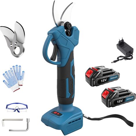 Cesoie elettriche, Cesoie da potatura a batteria, Forbici, Taglio per potatura di rami da giardino, Interruttori di sicurezza + 2 batterie da 3,0 A + Caricabatterie, Compatibile con batteria Makita