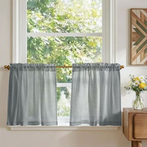 2 Panneaux Rideau Cuisine, 65x60cm, Lin Polyester, Gris Clair, Pour Fenêtre Placard (1/5)