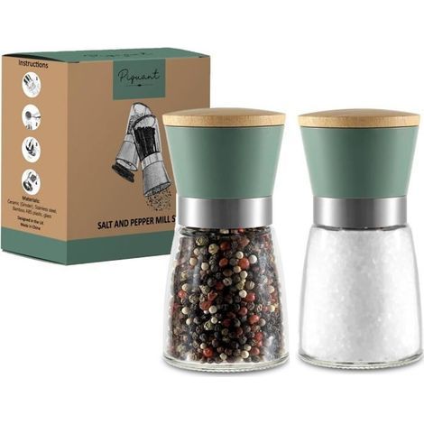 Set of 2 Adjustable Ceramic Salt and Pepper Mills - Refillable Salt and Pepper Shakers Sage Green (1/5)