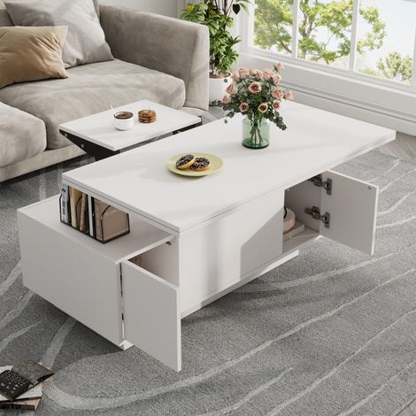 Table basse 100x50x43 cm dotée d'un double plateau relevable et d'un espace de rangement dissimulé, blanche (1/5)