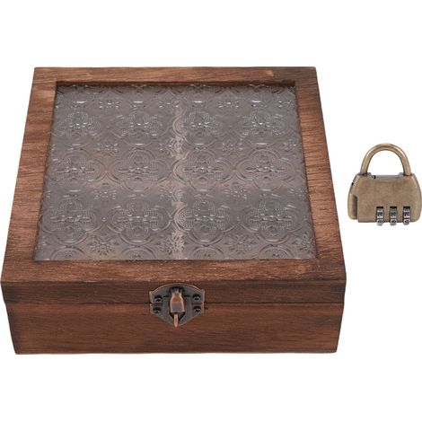 Boîte de rangement de maquillage en bois vintage floral, petit coffret à bijoux décoratif avec couvercle en verre, forme carrée (1/5)
