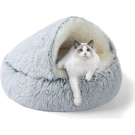 Panier d'intérieur pour chat, niche en peluche avec capuche pour chiot, petit panier pour chien, amovible et lavable, antidérapant, auto-chauffant, rond, fausse fourrure moelleuse (1/4)