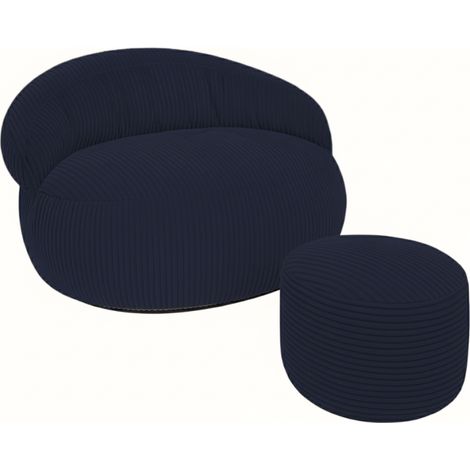 Pouf XXL déhoussable en velours côtelé BANANAIR 110x100 cm + repose-pieds bleu foncé