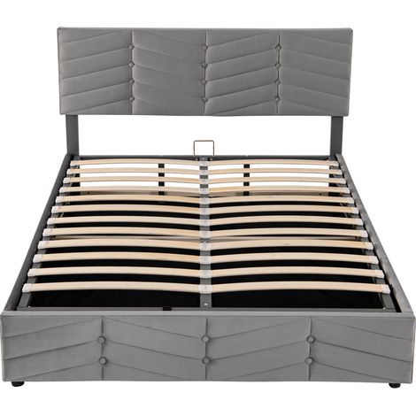 Cama doble hidráulica de terciopelo gris 140 x 190 con cabecero regulable MODENUIT (1/5)