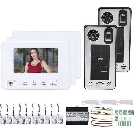 Kit Interphone Vidéo 2 Fils 7 Pouces 3 Moniteurs 2 Caméras Empreinte Digitale Mot de Passe Carte RFID Vision Nocturne Sonnette 100-240V (1/5)