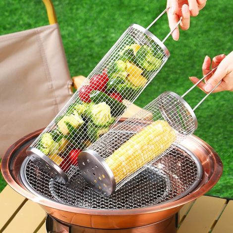 Cesta para parrilla - Cesta para parrilla con ruedas, rejilla de cocción de acero inoxidable para carne, verduras y pescado, 2 piezas (1/5)