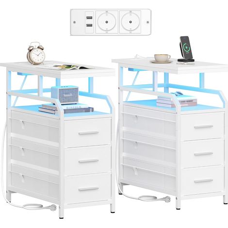 Table d'appoint avec Multipris, Lot de 2, Table de Chevet avec Lumière LED, Tables de Nuit avec 3 Tiroirs, 2 Prises CA et 2 Ports USB, pour Salon, Chambre (1/5)