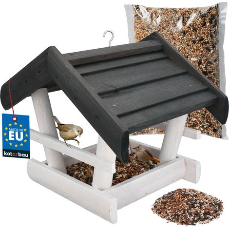 KOTARBAU® Mangeoire à Oiseaux à Suspendre - Bois Naturel - 24x30,5x25,5 cm - avec Toit + 0,5kg De Nourrituremit - Mangeoires pour Oiseaux Sauvages - Blanc & Anthracite (1/5)