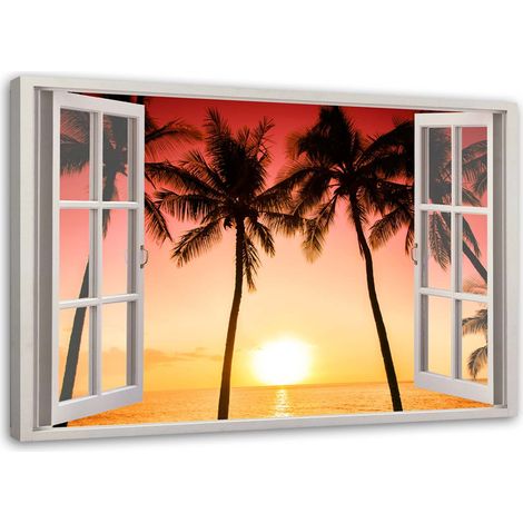 Tableau sur toile Fenêtre Vue Palmiers Coucher de soleil 100x70 (1/5)
