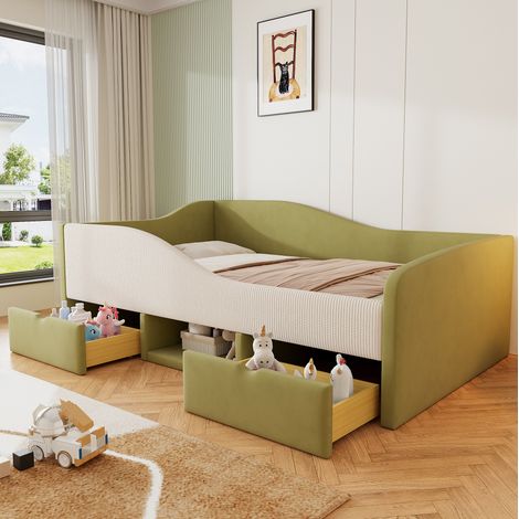 Cama infantil tapizada con barandillas y cajones OKMYHOME (1/5)