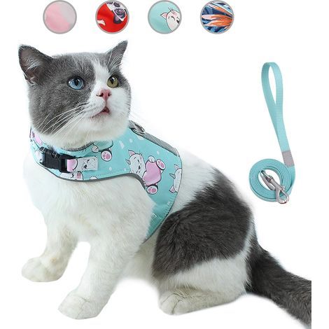 Anti-escape cat leash and harness set, adjustable reflective pet vest made of breathable soft mesh with innovative anti-loss card (XS, Cyan) (1/5)