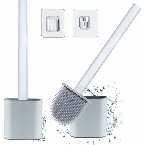 BRAVIX Brosse WC avec sort (Lot de 2) – Brosse WC en silicone avec long manche en plastique antidérapant et kit de sort à séchage rapide (sol/mur), brosse de salle de bain avec poils en silicone propr