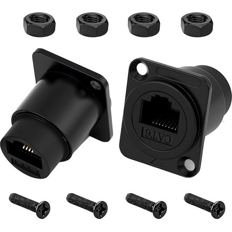 Lot de 2 connecteurs encastrables RJ45 CAT 6 - Type D - Panneau de châssis femelle vers femelle - Avec filetage et capuchon de protection contre la poussière - Câble Ethernet LAN - Adaptateur de (1/5)