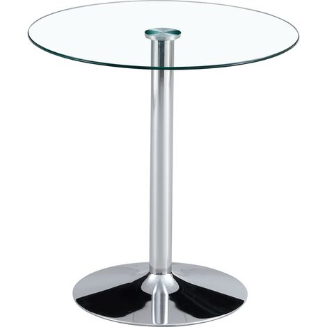 Ensemble Bar : Table ronde en verre 89 cm avec 2 tabourets transparents aux pieds argentés (1/5)