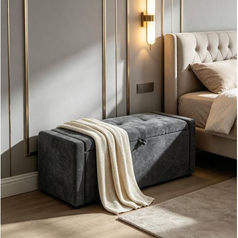 Panca contenitore 122x48x44 cm in lino grigio scuro, per camera da letto, FloraGrace (1/5)