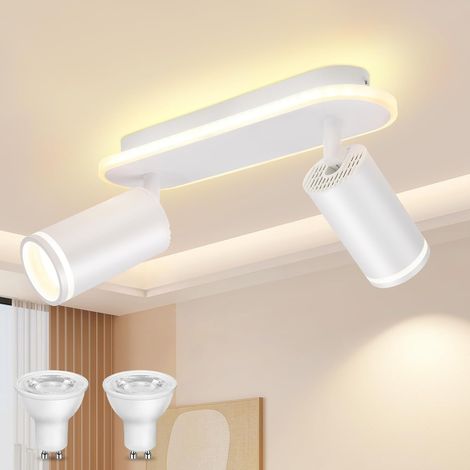 Spot Plafond GU10, Plafonnier 2 Spots Blanc, Plafonnier Spot Orientable, comprend 2x 5W Ampoules GU10, Moderne Applique Plafond Interieur LED pour Cuisine, Salon, Blanc Chaud 3000K (1/5)