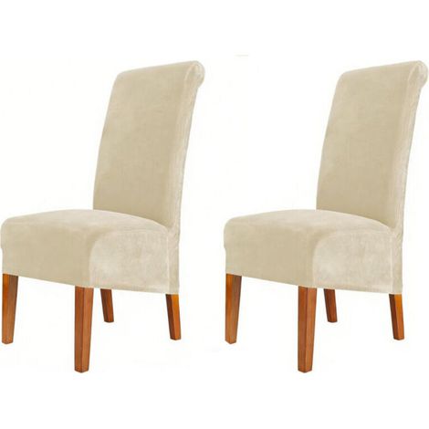 Housse de chaise de salle à manger en velours, housse élastique à dossier haut, lavable, amovible, ensemble de 2 pièces, blanc cassé. (1/5)