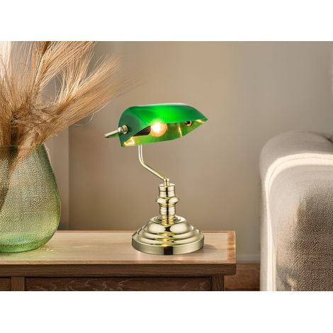 Retro LED Schreibtischleuchte Messing mit Glasschirm Grün, Höhe 36cm (1/5)