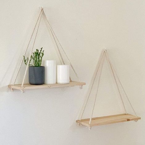 Étagère murale en bois rustique avec corde - Présentoir mural d'intérieur, organisateur de rangement, étagères flottantes avec corde pour salon, chambre, chambre d'enfant (1/5)