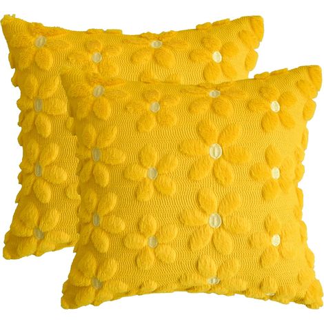 Lot de 2 housses de coussin jacquard en fourrure synthétique avec marguerites jaunes, 45 x 45 cm, pour canapé,décoration printanière (1/5)